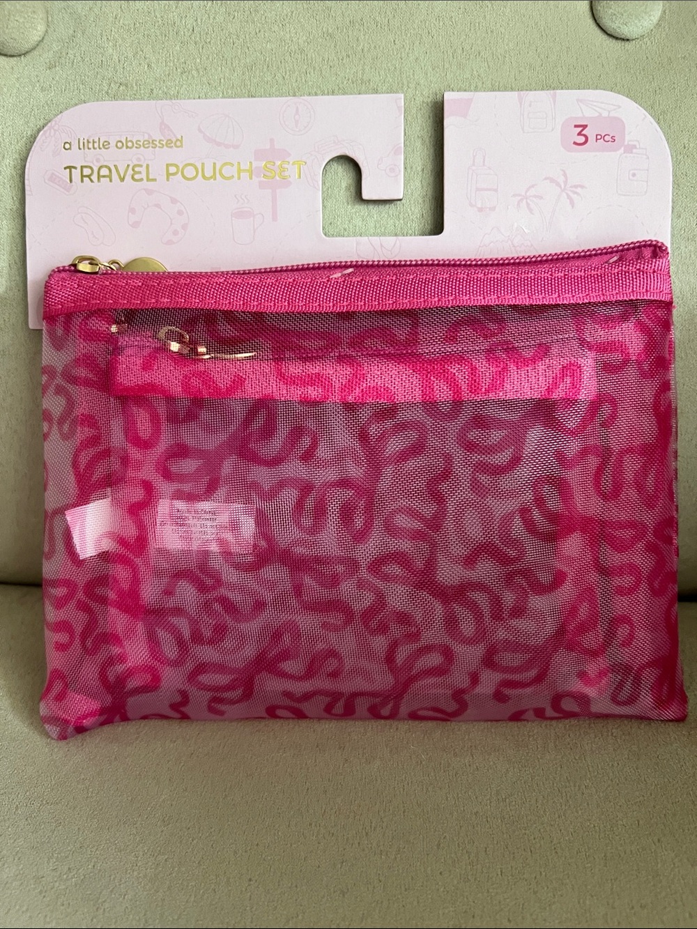 NWT A Little Obsessed 3-Piece Pink Mesh Travel Pouch Set 🎀